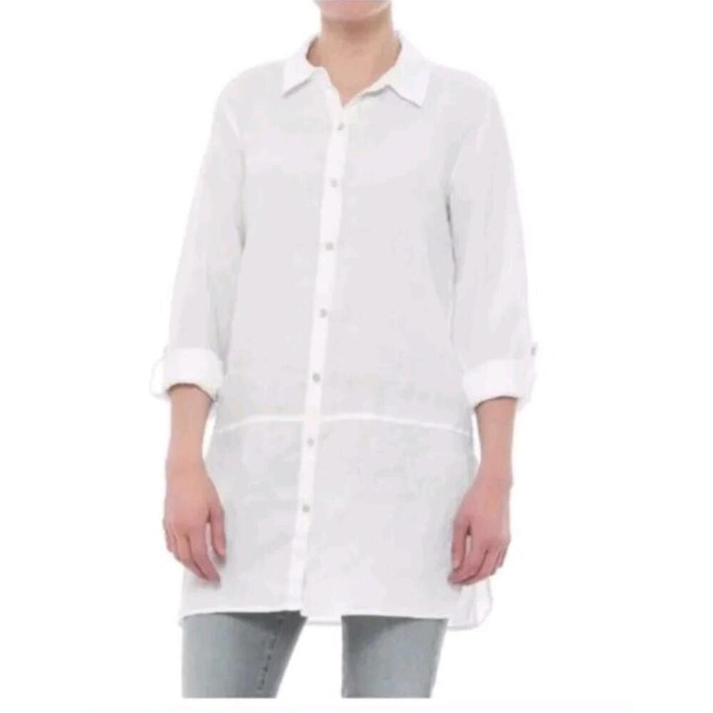 Tahari 100% Linen White Size M Roll-tab Sleeves Button Down Shirt Tunic Top #C - Picture 11 of 12